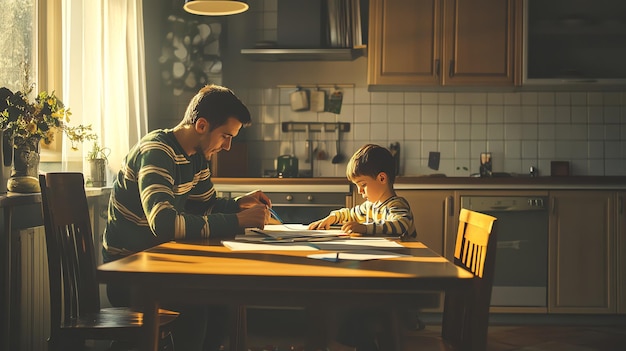 A father helping his son with homework at a kitchen table, lit by warm, inviting light, symbolizing the supportive role of the Child Tax Credit in family education.