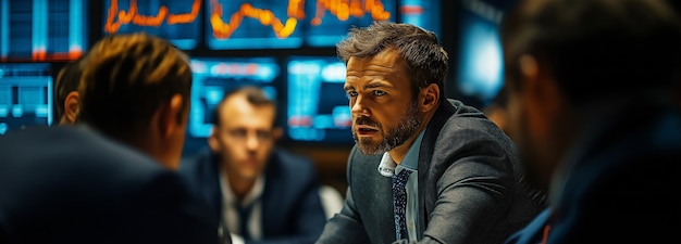 A stock market ticker displaying fluctuating numbers, with a background showing concerned faces of investors.