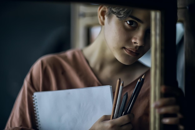 A close-up of a student's hand writing in a journal, with a thoughtful expression on their face. The background is blurred, highlighting the act of writing and introspection.