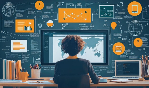 A student studying a computer code on a laptop with diagrams and charts projected around them, illustrating the interdisciplinary nature of computer science and its relevance to various fields.