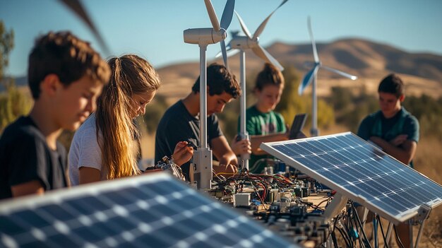 A group of students collaborating on a renewable energy project with solar panels and wind turbines in the background, symbolizing teamwork and practical application of knowledge in the field.