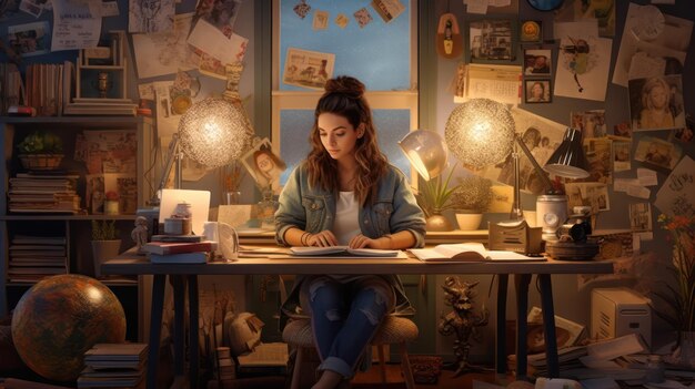 A young woman sitting at a desk, surrounded by books and papers, with a focused expression as she reflects on her interests and career goals. She is using a journal to brainstorm ideas.
